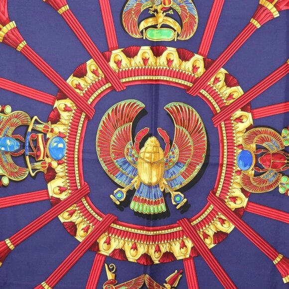 HERMES Caty Ancient Egyptian Scarab Pattern Carre 90 Scarf Silk Blue Auth 141181 - Picture 6 of 13